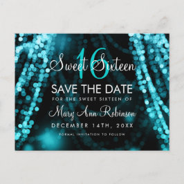 Sweet 16 "Save The Date" Turquoise String Lights Aankondigingskaart