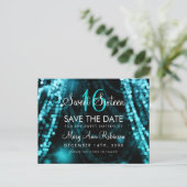 Sweet 16 "Save The Date" Turquoise String Lights Aankondigingskaart (Staand voorkant)