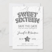 Sweet 16 Save The Date Zilveren Ballonnen Glitter Kaart (Voorkant)