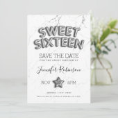 Sweet 16 Save The Date Zilveren Ballonnen Glitter Kaart (Staand voorkant)