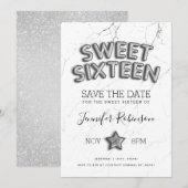 Sweet 16 Save The Date Zilveren Ballonnen Glitter Kaart (Voorkant / Achterkant)