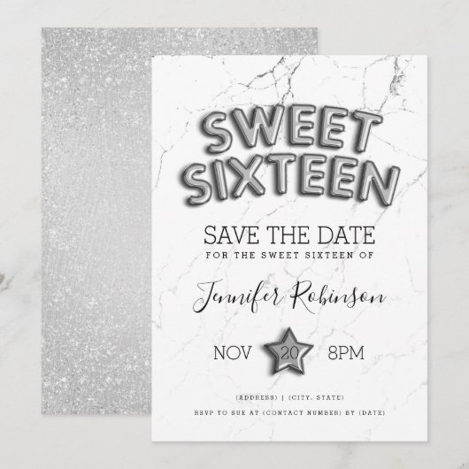 Sweet 16 Save The Date Zilveren Ballonnen Glitter Kaart (Voorkant / Achterkant)