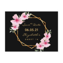 Sweet 16 Save the Date zwart gouden bloemen