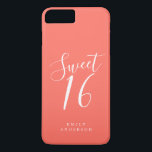 Sweet 16 Script Coral 16th Birthday iPhone 8/7 Plus Hoesje<br><div class="desc">Sweet zestien verjaardagstelefoons met chic white script op een koraalachtergrond. Viel je 16e verjaardag in stijl met dit koraal en witte trendy ontwerp en voeg gewoon jouw naam toe. Exclusief voor u ontworpen door Happy Dolphin Studio. Neem contact met ons op via happydolphinstudio@outlook.com als je hulp of overeenkomende producten nodig...</div>