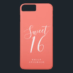 Sweet 16 Script Coral 16th Birthday iPhone 8/7 Plus Hoesje<br><div class="desc">Sweet zestien verjaardagstelefoons met chic white script op een koraalachtergrond. Viel je 16e verjaardag in stijl met dit koraal en witte trendy ontwerp en voeg gewoon jouw naam toe. Exclusief voor u ontworpen door Happy Dolphin Studio. Neem contact met ons op via happydolphinstudio@outlook.com als je hulp of overeenkomende producten nodig...</div>