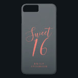 Sweet 16 Script Coral Black 16th Birthday iPhone 8/7 Plus Hoesje<br><div class="desc">Sweet zestien verjaardagstelefoons met het kickerkoraalmanuscript op een off-black achtergrond. Viel je 16e verjaardag in stijl met dit koraal en zwarte trendy ontwerp en voeg gewoon jouw naam toe. Exclusief voor u ontworpen door Happy Dolphin Studio. Neem contact met ons op via happydolphinstudio@outlook.com als je hulp of overeenkomende producten nodig...</div>