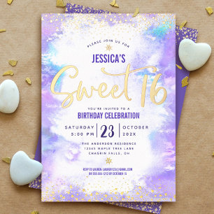 Sweet 16 Script Paarse Waterverf Glam Echt Goud Folie Uitnodiging