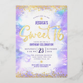 Sweet 16 Script Paarse Waterverf Glam Real Gold Folie Uitnodiging (Voorkant)