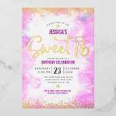 Sweet 16 Script roze Waterverf Girly Real Gold Folie Uitnodiging (Voorkant)