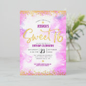 Sweet 16 Script roze Waterverf Girly Real Gold Folie Uitnodiging (Staand Voorkant)