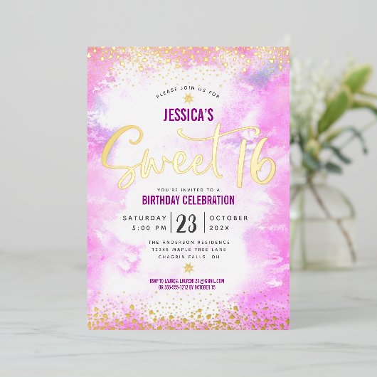 Sweet 16 Script roze Waterverf Girly Real Gold Folie Uitnodiging (Staand Voorkant)