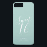 Sweet 16 Script Sky Blue 16th Birthday iPhone 8/7 Plus Hoesje<br><div class="desc">Sweet 61 verjaardagstelefoongeval met chic white script op een sky blue background. Viel uw 16e verjaardag in stijl met dit blauwe en witte trendy ontwerp en voeg eenvoudig jouw naam toe. Exclusief voor u ontworpen door Happy Dolphin Studio. Neem contact met ons op via happydolphinstudio@outlook.com als je hulp of overeenkomende...</div>