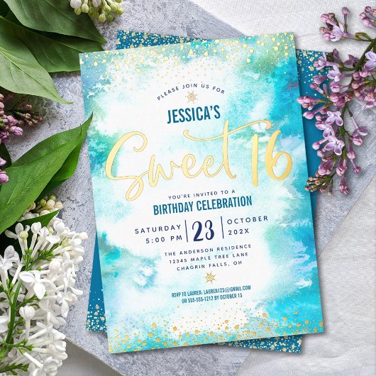 Sweet 16 Script Turquoise Waterverf Echt Goud Folie Uitnodiging