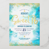Sweet 16 Script Turquoise Waterverf Echt Goud Folie Uitnodiging (Voorkant)