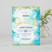 Sweet 16 Script Turquoise Waterverf Echt Goud Folie Uitnodiging (Staand Voorkant)