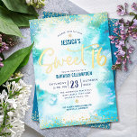 Sweet 16 Script Turquoise Waterverf Real Gold Folie Uitnodiging<br><div class="desc">"Happy Sweet 16". Verstuur deze verbluffende, dunne, meisjesachtige, feestelijke, moderne, gepersonaliseerde, echte goudfolie party-uitnodiging voor een evenement om het te herinneren. Sparkly echte gouden folie, kleine confetti stippen en handgeschreven script bedekken een turquoise blauwe waterverf achtergrond. Pas de douanetekst met de naam van uw dochter evenals andere partijdetails aan. Geweldig...</div>