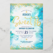 Sweet 16 Script Turquoise Waterverf Real Gold Folie Uitnodiging (Voorkant)
