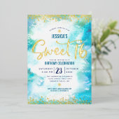 Sweet 16 Script Turquoise Waterverf Real Gold Folie Uitnodiging (Staand Voorkant)