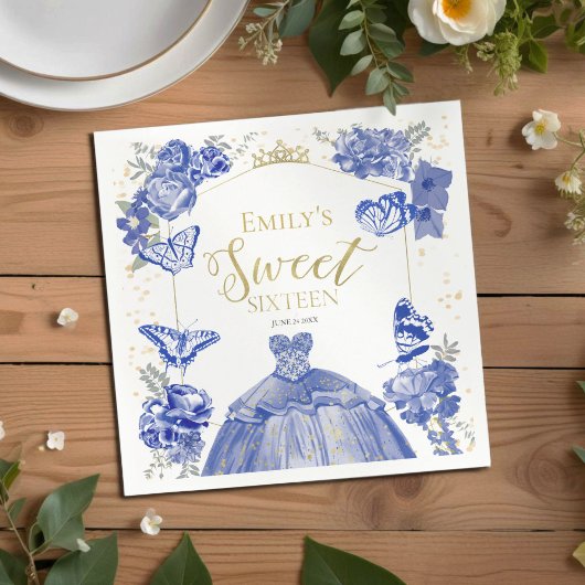 Sweet 16 servetten vlinder koningsblauw jurkje blo