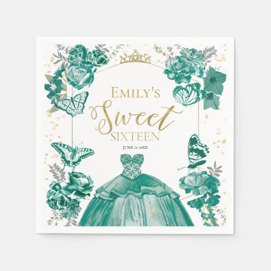 Sweet 16 servetten vlinder smaragd groene jurk (Voorkant)