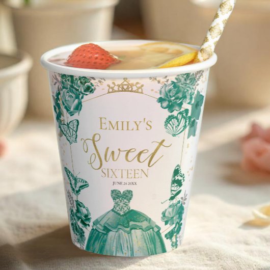 Sweet 16 servetten vlinder smaragd groene jurk papieren bekers