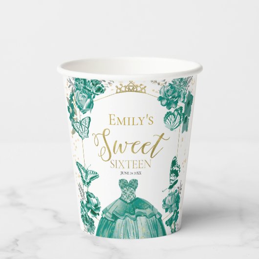 Sweet 16 servetten vlinder smaragd groene jurk papieren bekers (Achterkant)