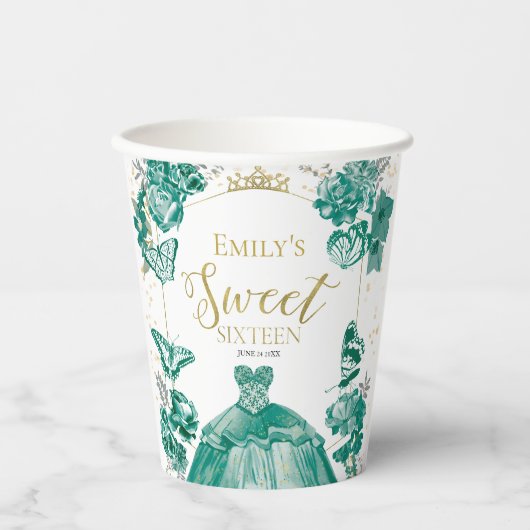 Sweet 16 servetten vlinder smaragd groene jurk papieren bekers (Voorkant)