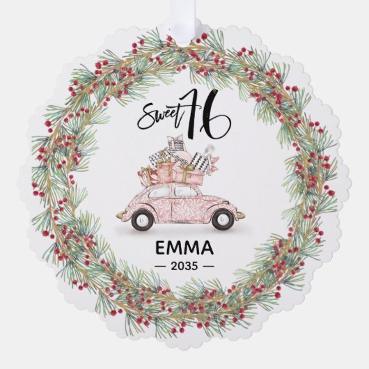 Sweet 16 Signature Script Car Pink Greenery Ornament Kaart (Voorkant)