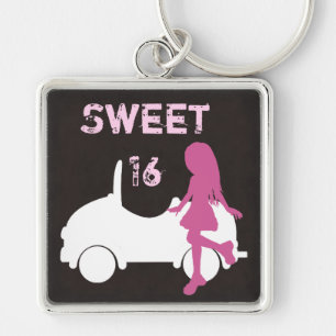 Sweet 16 Silhouette Meisje en Auto Roze en Bruin Sleutelhanger