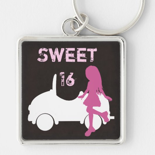 Sweet 16 Silhouette Meisje en Auto Roze en Bruin Sleutelhanger (Voorkant)