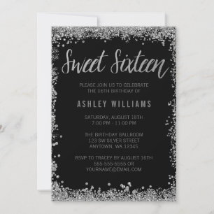 Sweet 16 Silver Black Faux Glitter Birthday Kaart