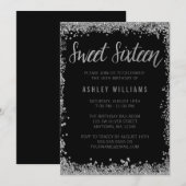 Sweet 16 Silver Black Faux Glitter Birthday Kaart (Voorkant / Achterkant)