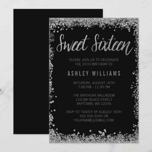 Sweet 16 Silver Black Faux Glitter Birthday Kaart (Voorkant / Achterkant)