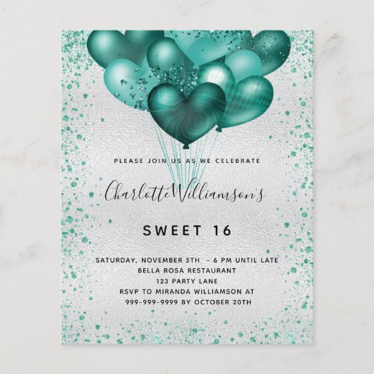 Sweet 16 Silver blauwgroen glitter-budgetuitnodigi Flyer (Voorkant)