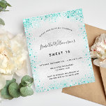 Sweet 16 Silver blauwgroen glitter-budgetuitnodigi Flyer<br><div class="desc">Let op: deze uitnodiging is op flyer paper en erg dun. Enveloppen zijn niet inbegrepen. Ga naar onze winkel voor nog meer dikkere uitnodigingen (hetzelfde ontwerp). Voor een elegant Sweet 16, 16e verjaardag. Een faux zilveren metalen achtergrond. Gedemoreerd met blauwgroen faux glitter stof. Geef een persoonlijke naam, leeftijd en partijgegevens...</div>