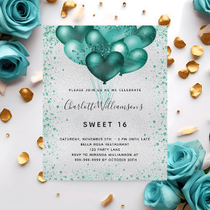 Sweet 16 Silver blauwgroen glitter-budgetuitnodigi Flyer