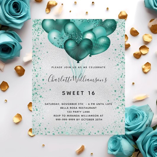 Sweet 16 Silver blauwgroen glitter-budgetuitnodigi Flyer