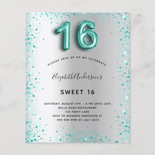 Sweet 16 Silver blauwgroen glitter-budgetuitnodigi Flyer (Voorkant)