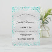 Sweet 16 silver blauwgroen glitter kaart (Staand voorkant)