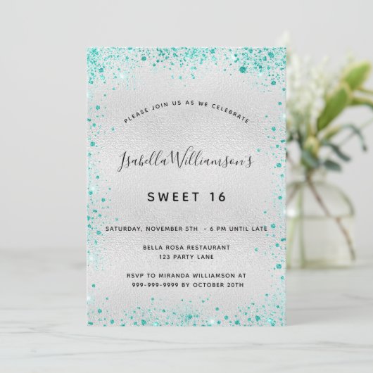 Sweet 16 silver blauwgroen glitter kaart (Staand voorkant)