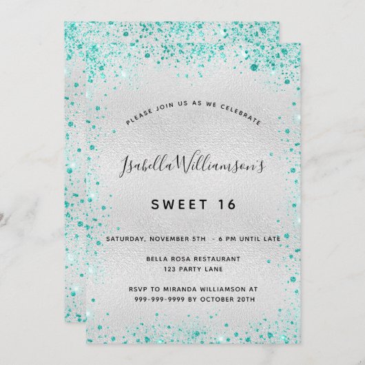 Sweet 16 silver blauwgroen glitter kaart (Voorkant / Achterkant)