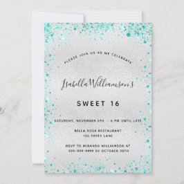 Sweet 16 silver blauwgroen glitter kaart