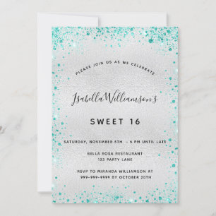 Sweet 16 silver blauwgroen glitter kaart