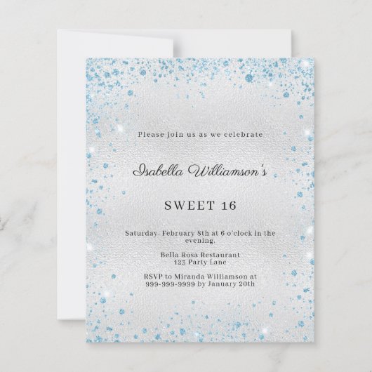 Sweet 16 silver blue glitter party invitation (Voorkant)