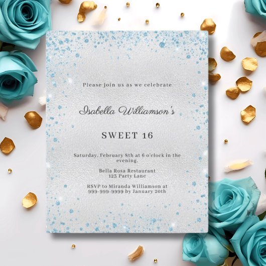 Sweet 16 silver blue glitter party invitation