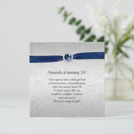 Sweet 16 Silver Damask Blue Ribbon Gemstone Kaart (Staand voorkant)