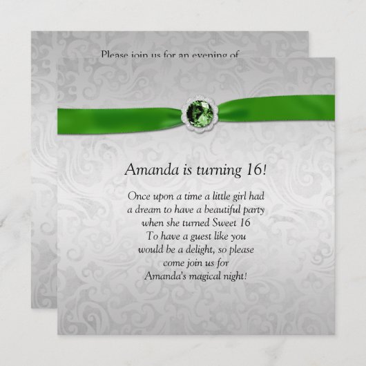 Sweet 16 Silver Emerald Green Ribbon Gemstone Kaart (Voorkant / Achterkant)