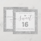 Sweet 16 Silver Faux Glitter Birthday Party Kaart (Voorkant / Achterkant)