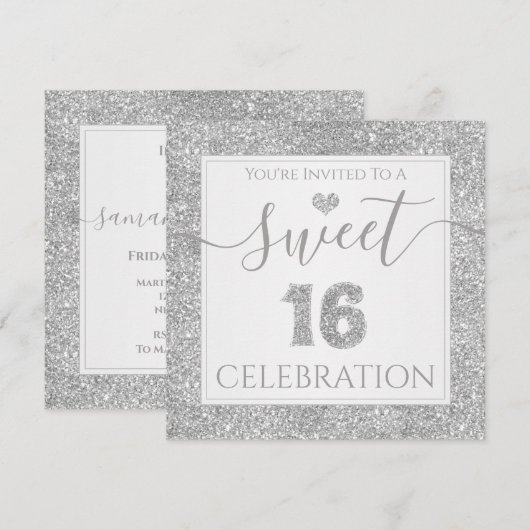 Sweet 16 Silver Faux Glitter Birthday Party Kaart (Voorkant / Achterkant)