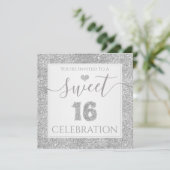 Sweet 16 Silver Faux Glitter Birthday Party Kaart (Staand voorkant)